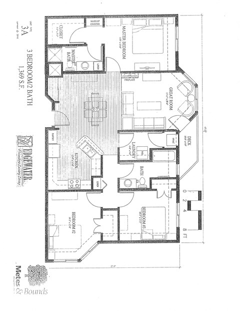 Floor plan for 3 beds, 2 baths, 1369 sqft